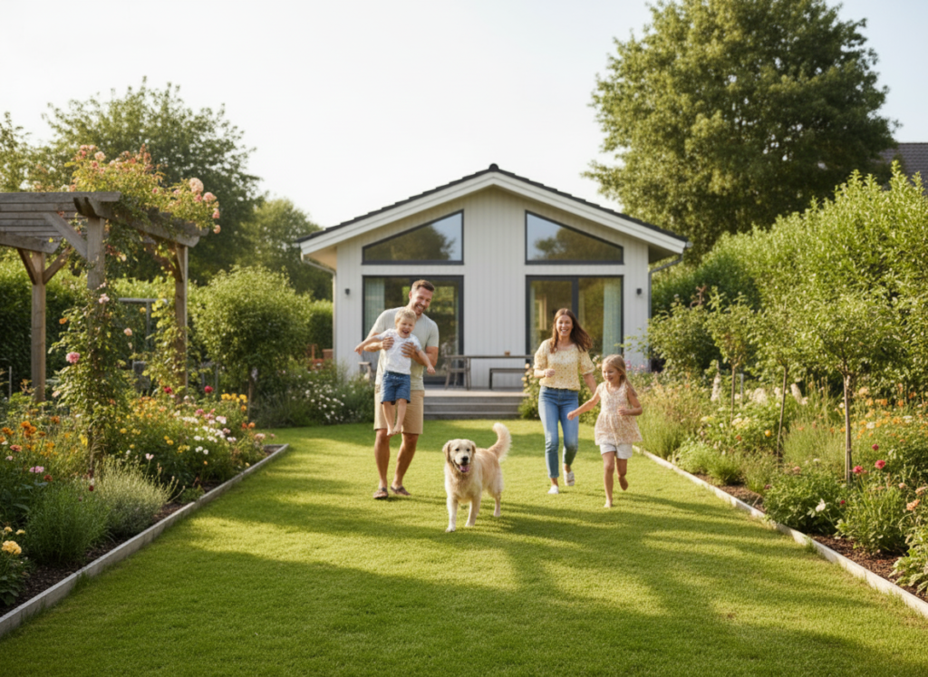 Ultra-realistic professional photograph of a happy family (mother, father, two children and a dog) playing together on green grass in a modern backyard garden. Contemporary single-family house in the background, natural candid poses, authentic facial expressions, soft warm natural daylight, realistic skin tones, shallow depth of field, DSLR photo, high detail, true-to-life colors, documentary lifestyle photography.