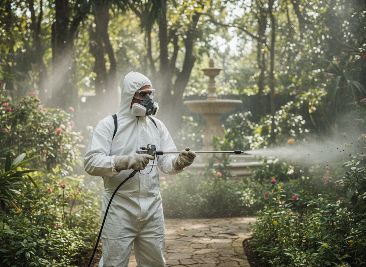 Professional pest control disinsection service - specialist spraying insecticide against mosquitoes and insects in a garden, wearing protective suit, realistic photo style
